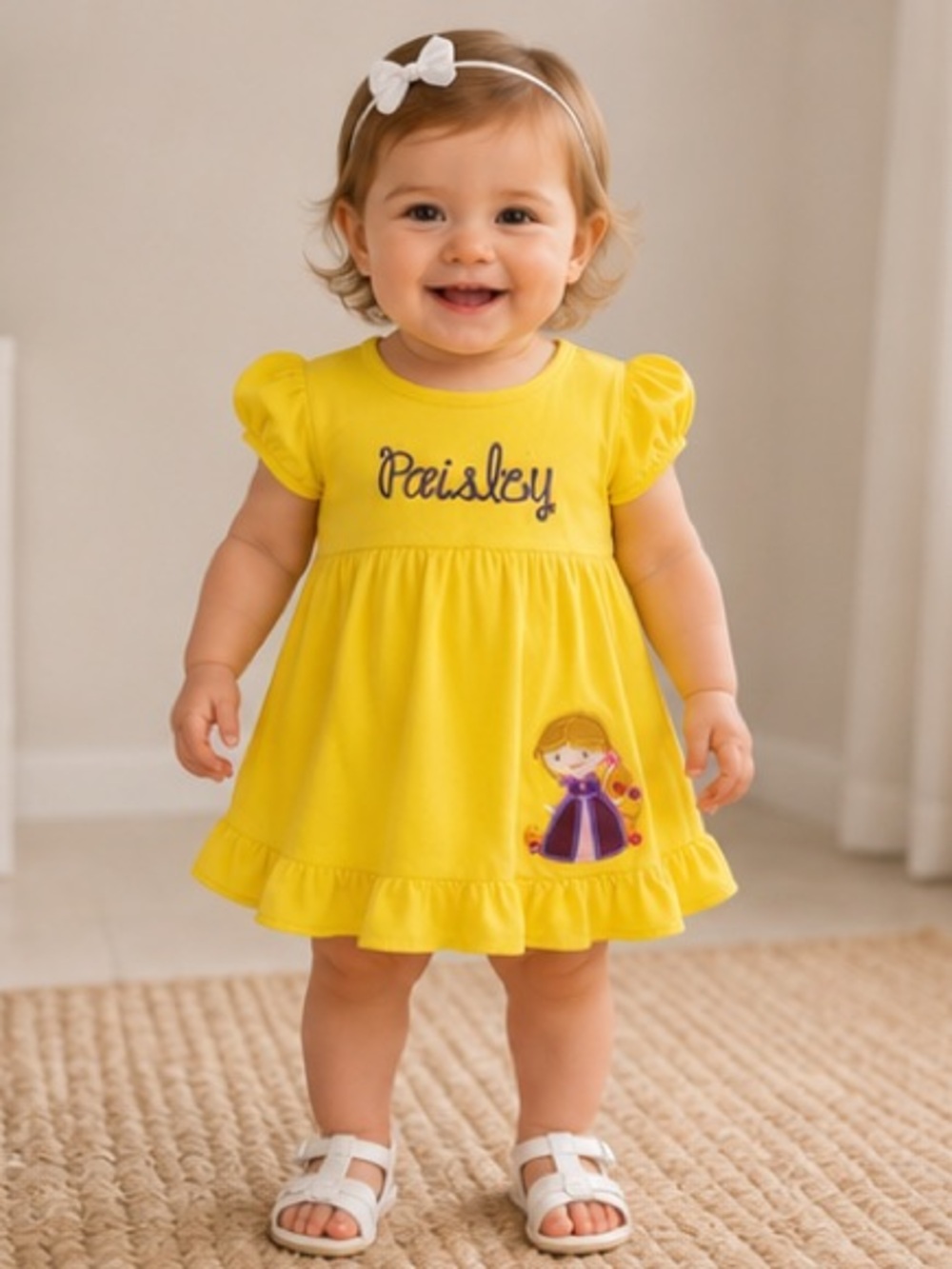 Paisley Girls' Bright Yellow Casual Dress with Princess Rapunzel Applique
